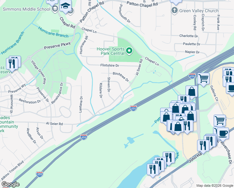 map of restaurants, bars, coffee shops, grocery stores, and more near 3494 Kildare Drive in Birmingham
