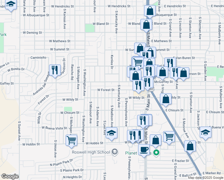 map of restaurants, bars, coffee shops, grocery stores, and more near 410 West Forest Street in Roswell