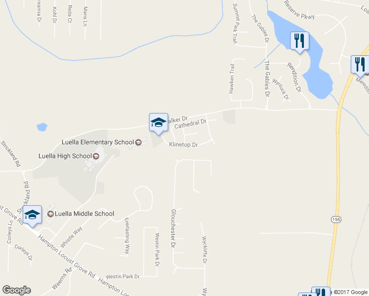 map of restaurants, bars, coffee shops, grocery stores, and more near 253 Klinetop Drive in McDonough