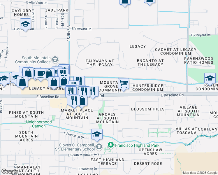 map of restaurants, bars, coffee shops, grocery stores, and more near 7412 South 27th Place in Phoenix