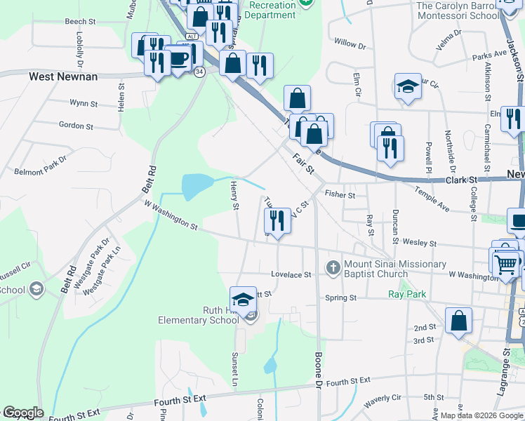 map of restaurants, bars, coffee shops, grocery stores, and more near 56 Domineck Street in Newnan