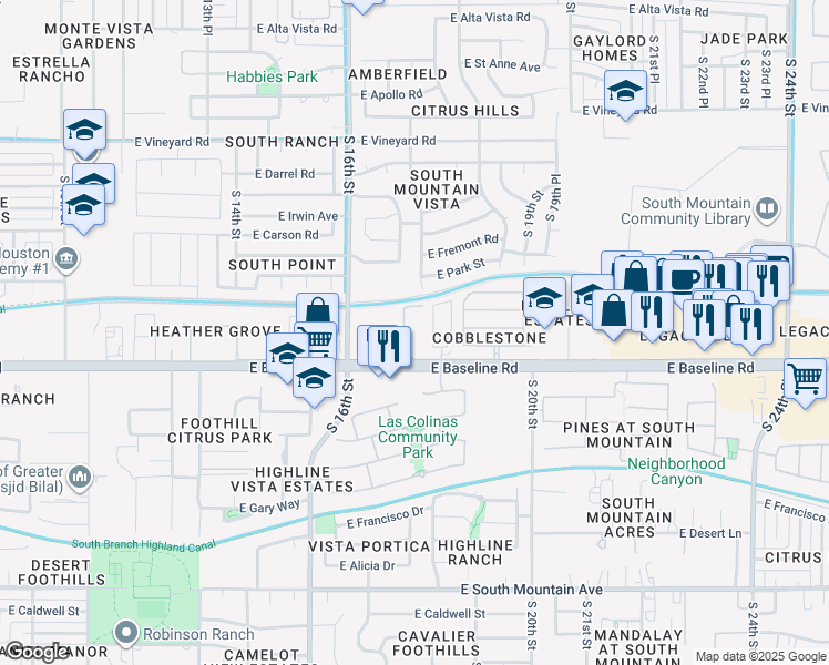 map of restaurants, bars, coffee shops, grocery stores, and more near 1620 East Baseline Road in Phoenix