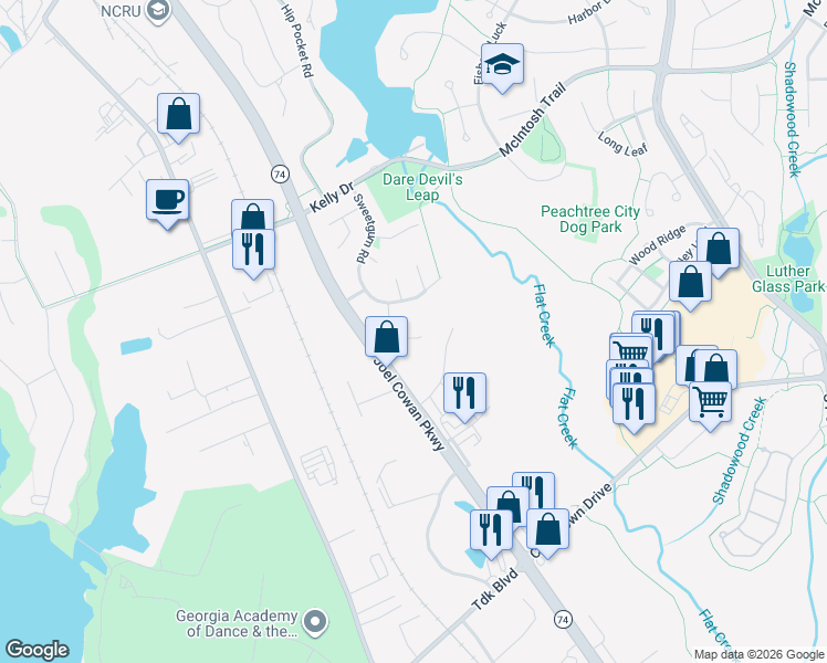 map of restaurants, bars, coffee shops, grocery stores, and more near 105 Briarwood Court in Peachtree City
