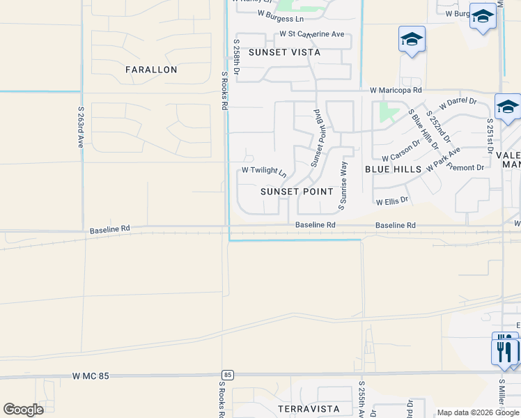 map of restaurants, bars, coffee shops, grocery stores, and more near 7413 South Sundown Court in Buckeye