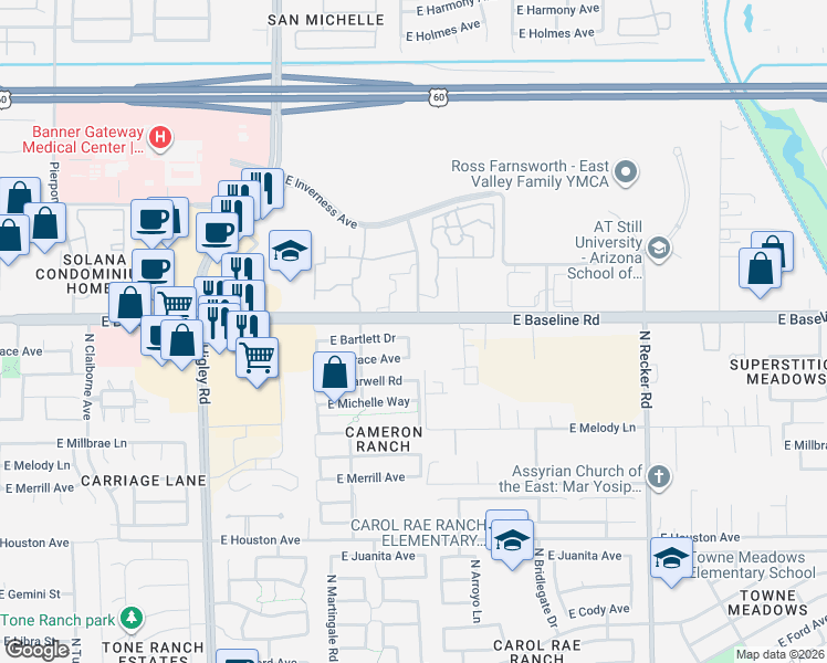 map of restaurants, bars, coffee shops, grocery stores, and more near 1935 South Sunnyvale Avenue in Mesa