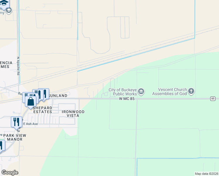 map of restaurants, bars, coffee shops, grocery stores, and more near 23740 MC 85 in Buckeye