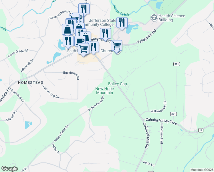 map of restaurants, bars, coffee shops, grocery stores, and more near 109 Indian Gate Circle in Birmingham