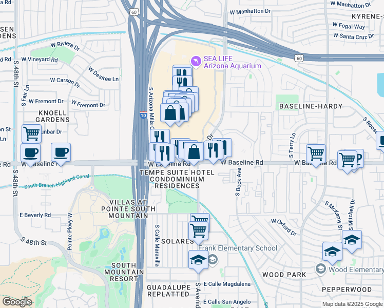 map of restaurants, bars, coffee shops, grocery stores, and more near 1520 West Baseline Road in Tempe