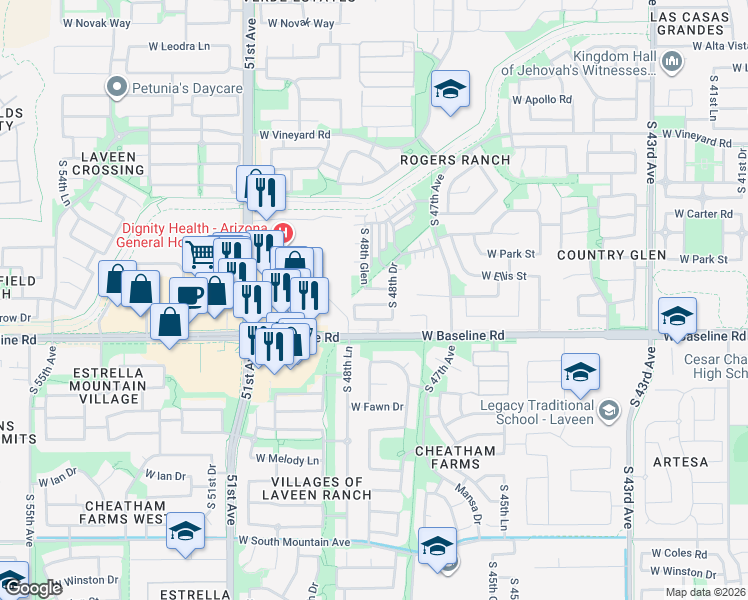 map of restaurants, bars, coffee shops, grocery stores, and more near 4828 West Dunbar Drive in Phoenix