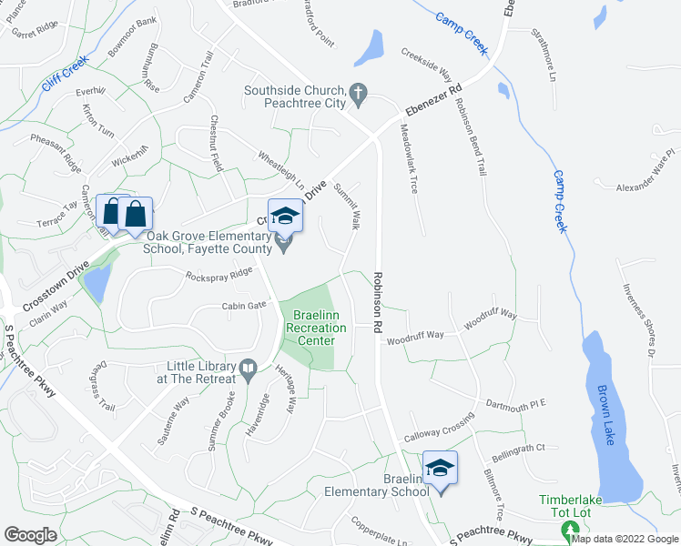 map of restaurants, bars, coffee shops, grocery stores, and more near 117 Summit Walk in Peachtree City