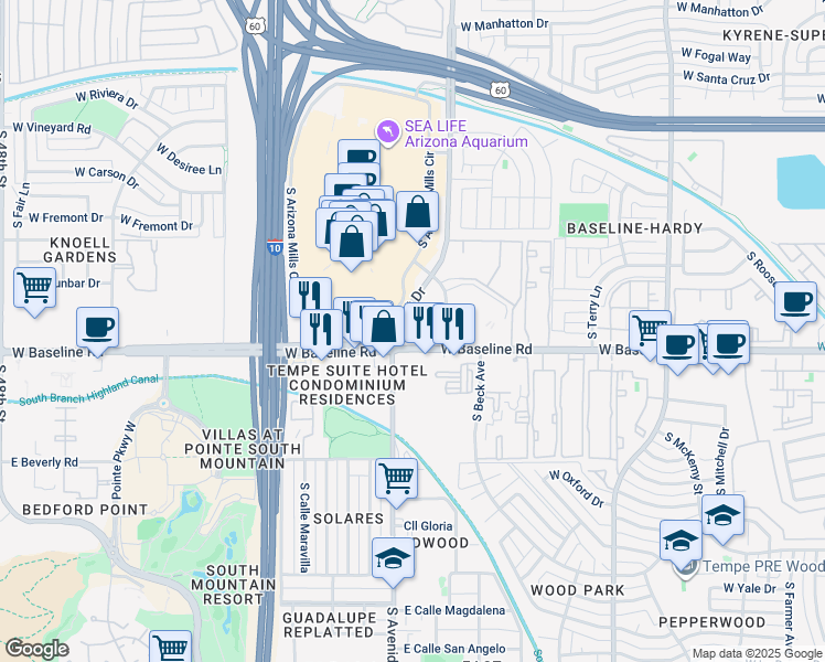 map of restaurants, bars, coffee shops, grocery stores, and more near 1520 West Baseline Road in Tempe