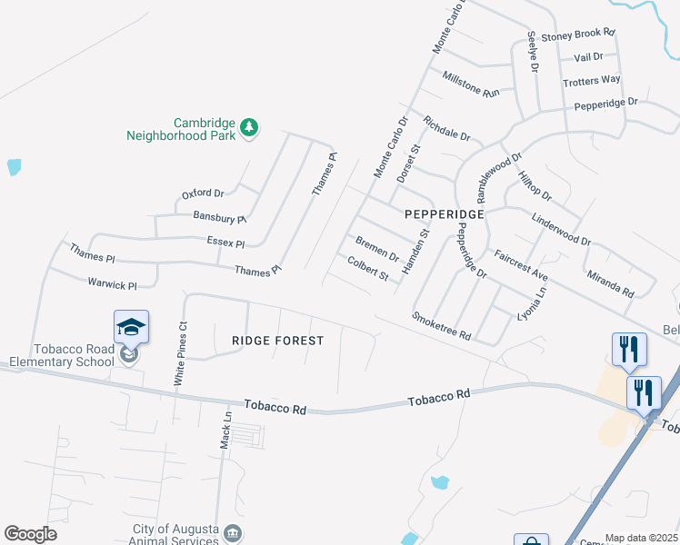 map of restaurants, bars, coffee shops, grocery stores, and more near 3803 Winchester Court in Augusta