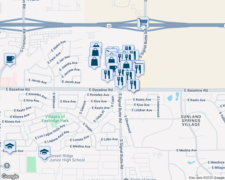 map of restaurants, bars, coffee shops, grocery stores, and more near 10923 East Baseline Road in Mesa