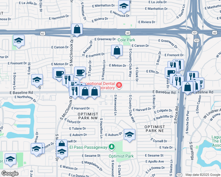 map of restaurants, bars, coffee shops, grocery stores, and more near 1920 East Baseline Road in Tempe