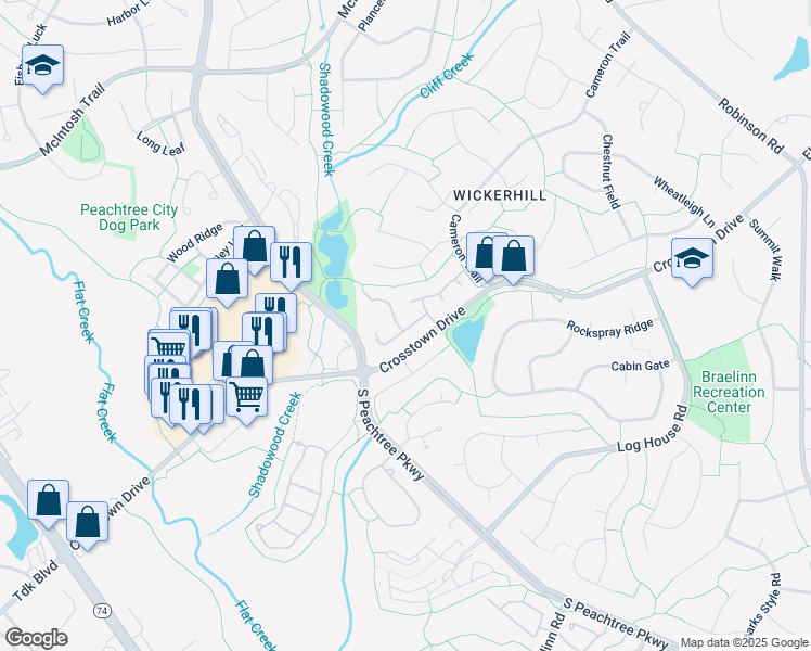 map of restaurants, bars, coffee shops, grocery stores, and more near 500 Clearwater Cove in Peachtree City