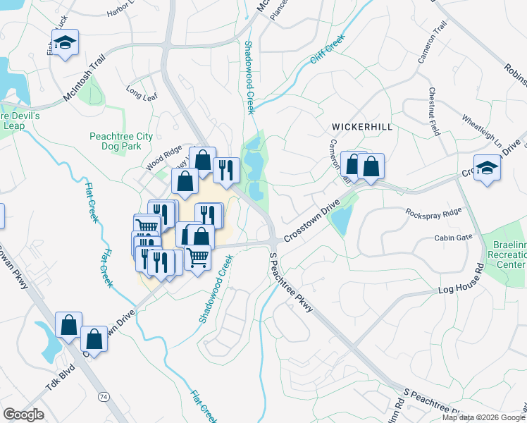 map of restaurants, bars, coffee shops, grocery stores, and more near South Peachtree Parkway in Peachtree City