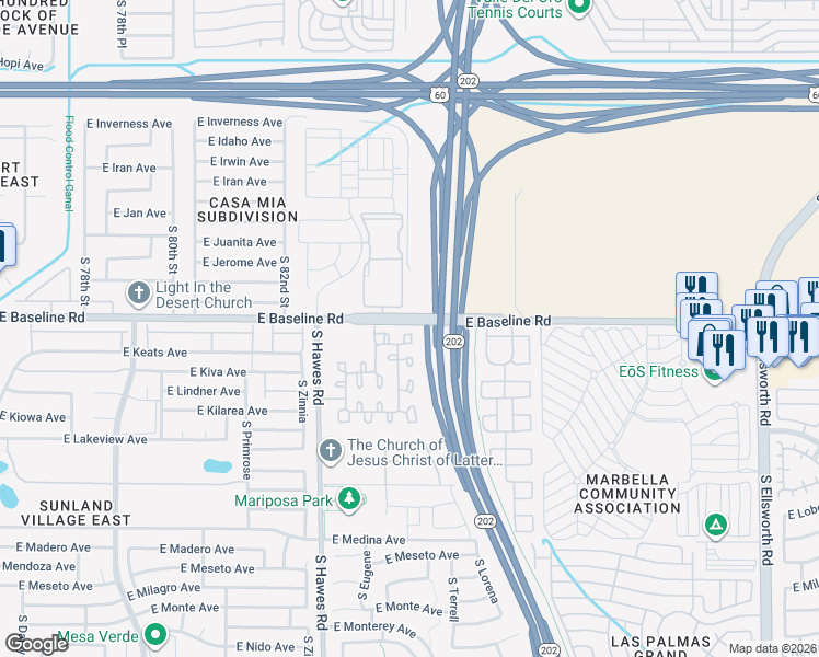 map of restaurants, bars, coffee shops, grocery stores, and more near 8404 East Baseline Road in Mesa