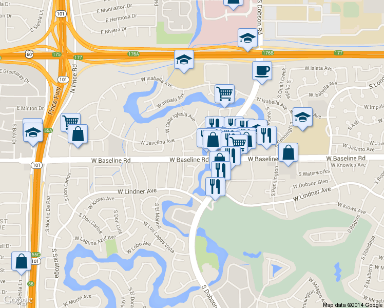 map of restaurants, bars, coffee shops, grocery stores, and more near 2247 West Jacinto Circle in Mesa