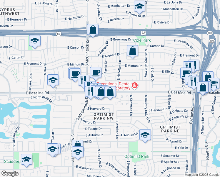map of restaurants, bars, coffee shops, grocery stores, and more near 1867 East Dunbar Drive in Tempe