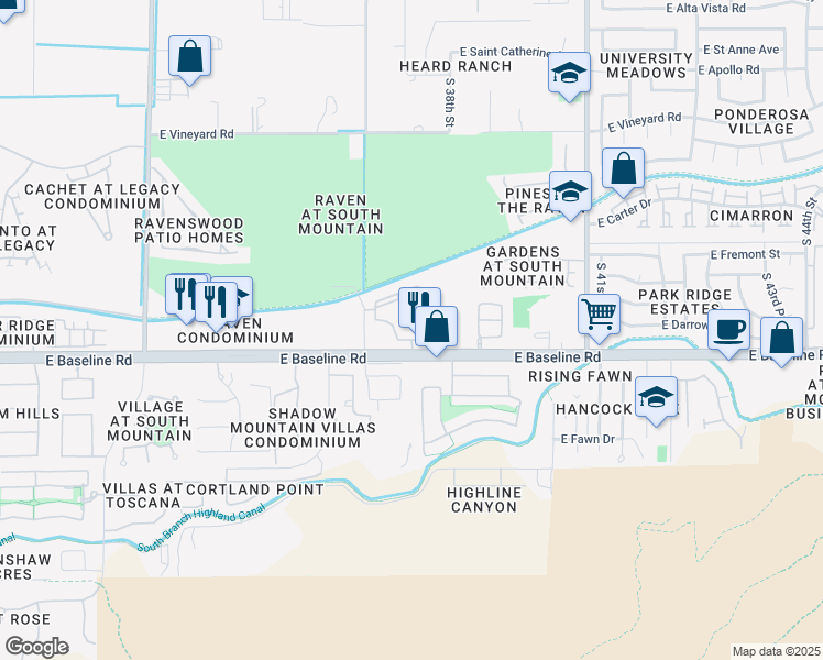map of restaurants, bars, coffee shops, grocery stores, and more near 3606 East Baseline Road in Phoenix
