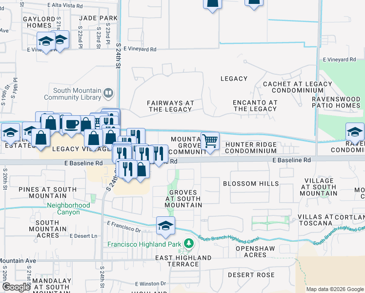 map of restaurants, bars, coffee shops, grocery stores, and more near 7412 South 27th Place in Phoenix