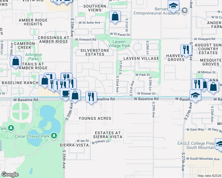 map of restaurants, bars, coffee shops, grocery stores, and more near 3223 West Pollack Street in Phoenix