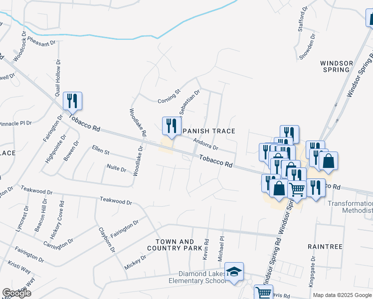 map of restaurants, bars, coffee shops, grocery stores, and more near 2570 Andorra Drive in Hephzibah