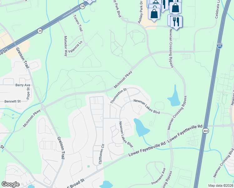 map of restaurants, bars, coffee shops, grocery stores, and more near 66 Thomaston Street in Newnan