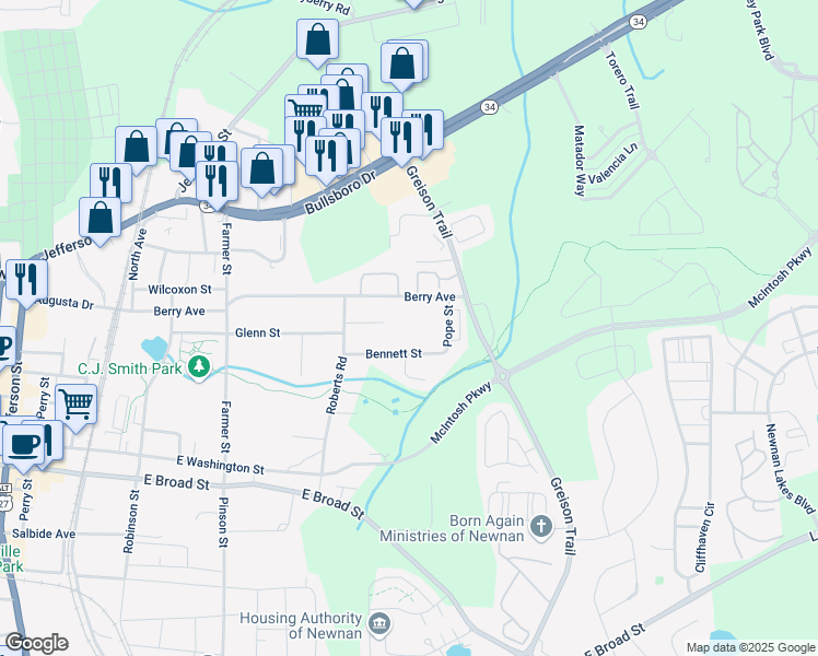 map of restaurants, bars, coffee shops, grocery stores, and more near 51 Pope Street in Newnan