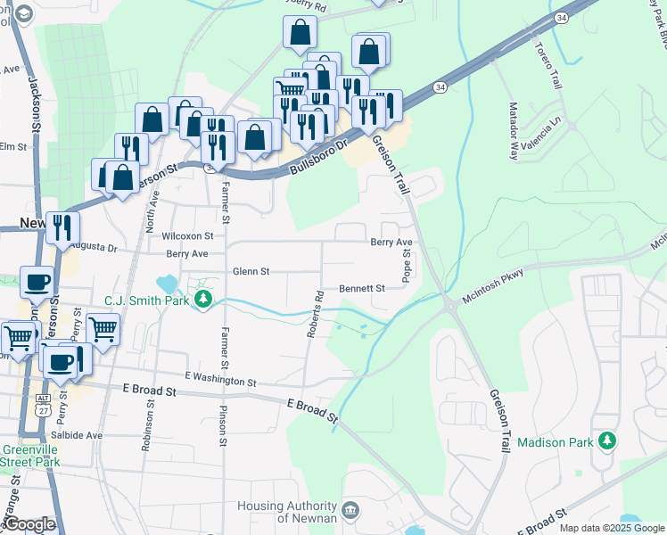 map of restaurants, bars, coffee shops, grocery stores, and more near 5 Frank Street in Newnan