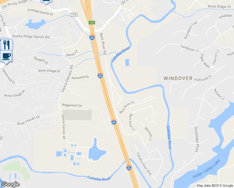 map of restaurants, bars, coffee shops, grocery stores, and more near 4133 River Walk Lane in Birmingham