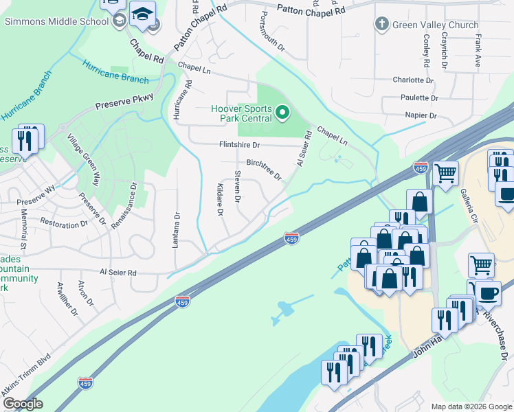 map of restaurants, bars, coffee shops, grocery stores, and more near 3494 Kildare Drive in Birmingham