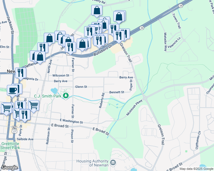 map of restaurants, bars, coffee shops, grocery stores, and more near 5 Frank Street in Newnan
