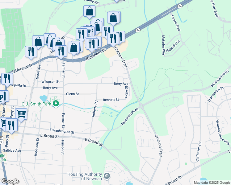 map of restaurants, bars, coffee shops, grocery stores, and more near 51 Pope Street in Newnan