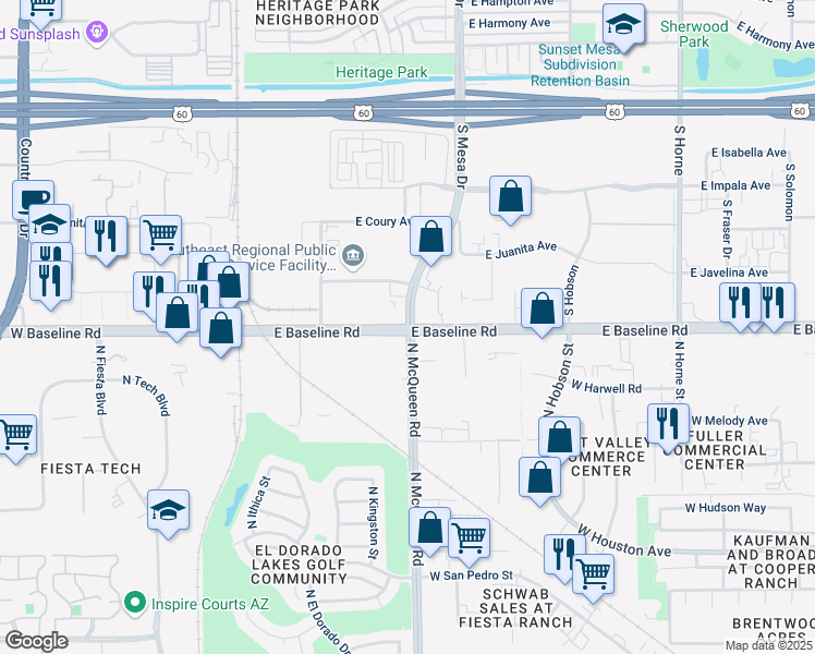 map of restaurants, bars, coffee shops, grocery stores, and more near N McQueen Rd & S Mesa Dr in Mesa