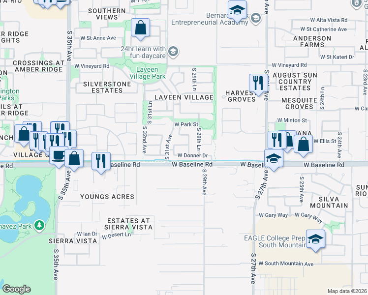 map of restaurants, bars, coffee shops, grocery stores, and more near 3007 West Dunbar Drive in Phoenix