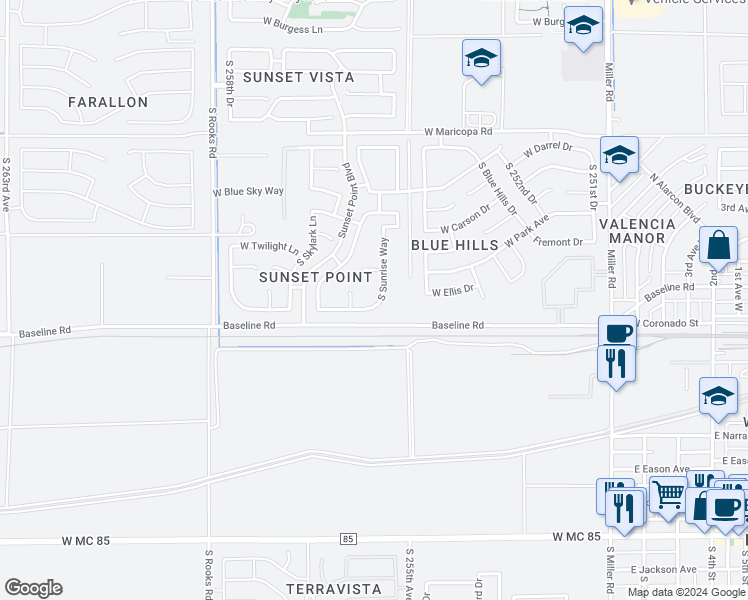 map of restaurants, bars, coffee shops, grocery stores, and more near 7504 South Sunrise Way in Buckeye