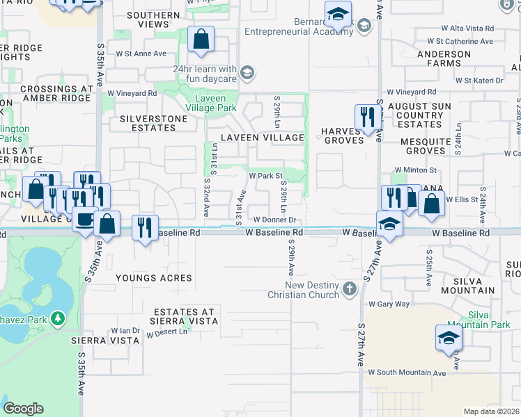map of restaurants, bars, coffee shops, grocery stores, and more near 3011 West Dunbar Drive in Phoenix