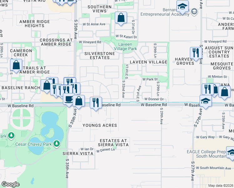 map of restaurants, bars, coffee shops, grocery stores, and more near 3223 West Pollack Street in Phoenix