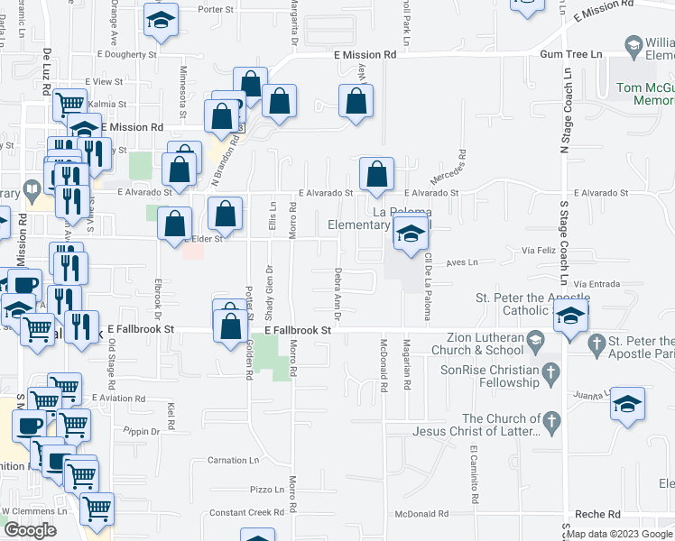 map of restaurants, bars, coffee shops, grocery stores, and more near 505 Debra Ann Drive in Fallbrook