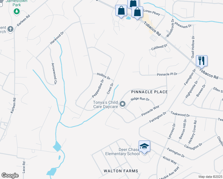 map of restaurants, bars, coffee shops, grocery stores, and more near 3887 Crest Drive in Hephzibah