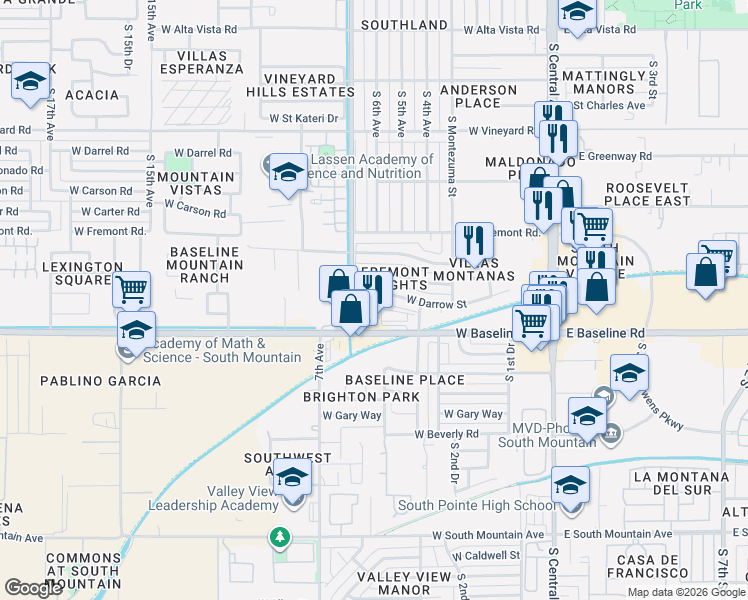 map of restaurants, bars, coffee shops, grocery stores, and more near 614 West Darrow Street in Phoenix