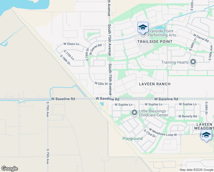 map of restaurants, bars, coffee shops, grocery stores, and more near 7320 South 74th Lane in Phoenix