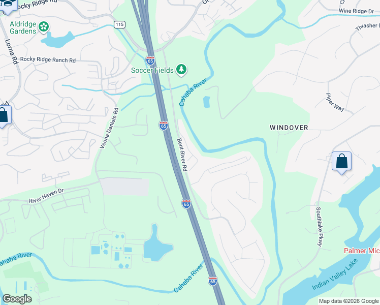 map of restaurants, bars, coffee shops, grocery stores, and more near 4133 River Walk Lane in Birmingham