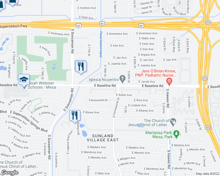 map of restaurants, bars, coffee shops, grocery stores, and more near 7820 East Baseline Road in Mesa
