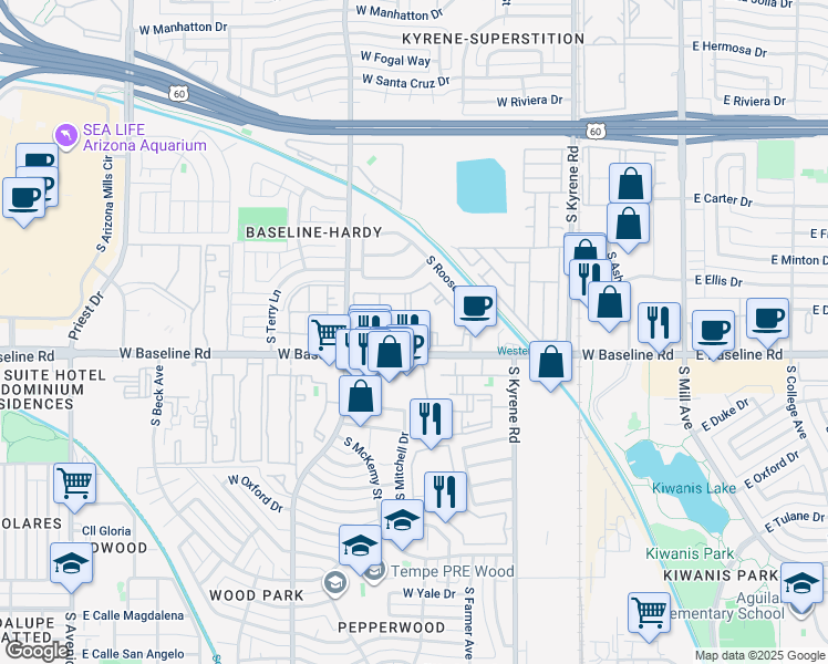 map of restaurants, bars, coffee shops, grocery stores, and more near 750 West Baseline Road in Tempe