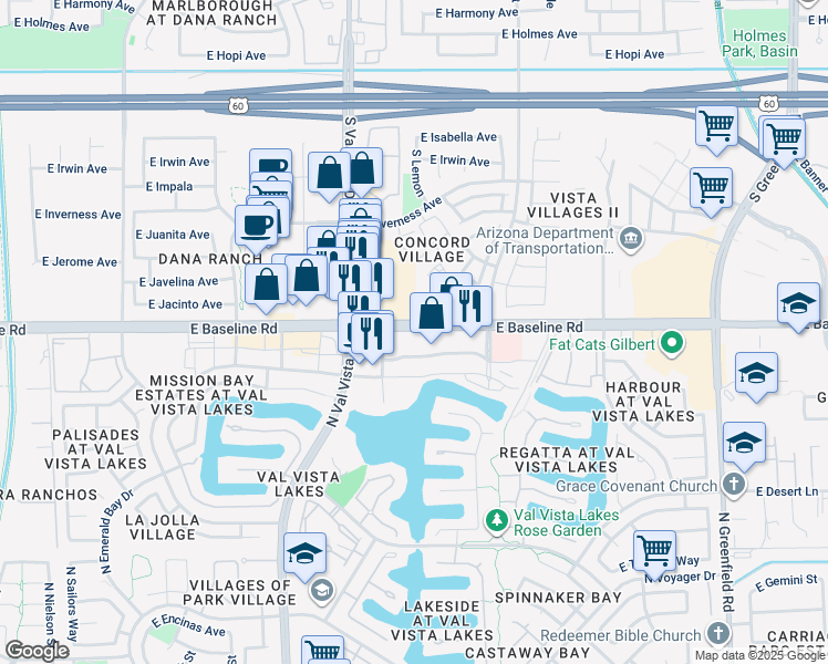 map of restaurants, bars, coffee shops, grocery stores, and more near 3751 East Baseline Road in Gilbert