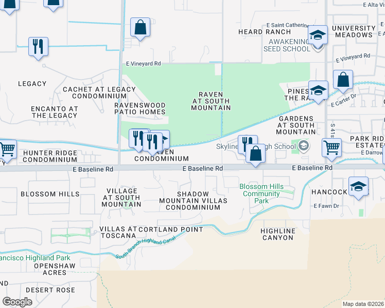 map of restaurants, bars, coffee shops, grocery stores, and more near 3434 East Baseline Road in Phoenix