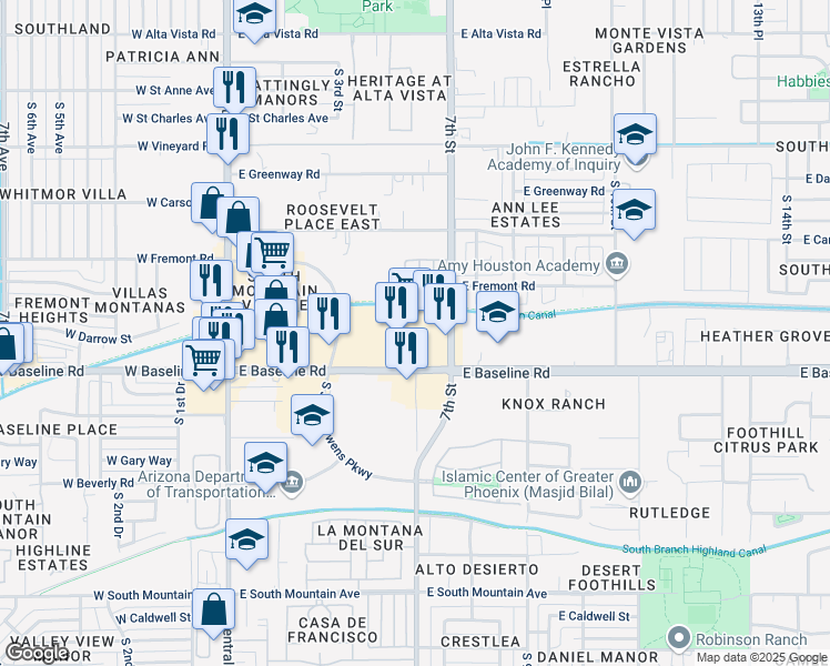 map of restaurants, bars, coffee shops, grocery stores, and more near 520 East Baseline Road in Phoenix