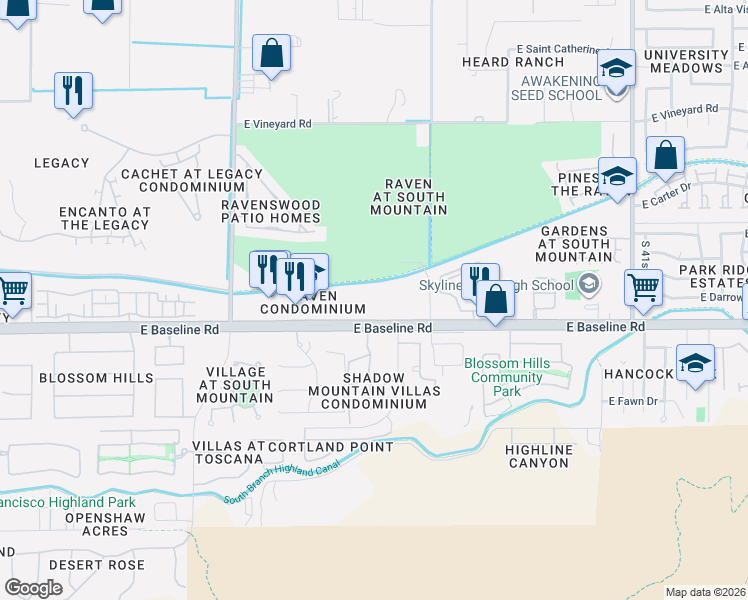 map of restaurants, bars, coffee shops, grocery stores, and more near 3434 East Baseline Road in Phoenix